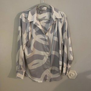 Black & White Abstract Striped Button Down Silky Top